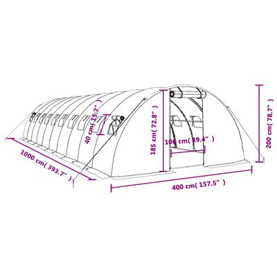 vidaXL Drivhus med stålramme hvit 40 m² 10x4x2 m