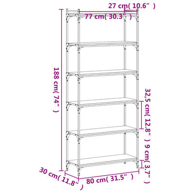 vidaXL Bokhylle 6 etasjer røkt eik 80x30x188 cm konstruert tre