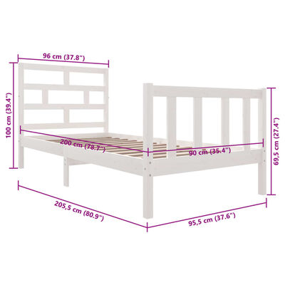 vidaXL Sengeramme hvit heltre furu 90x200 cm