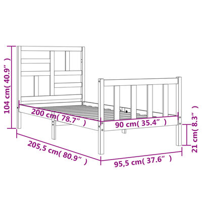 vidaXL Sengeramme med hodegavl hvit 90x200 cm heltre