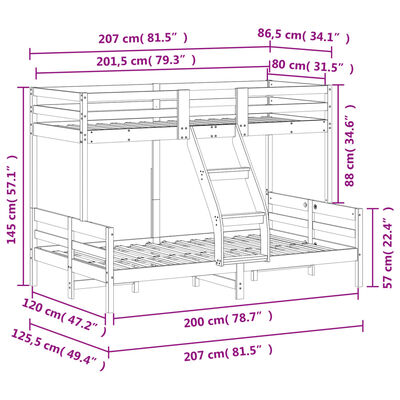 vidaXL Køyeseng 80x200/120x200 cm hvit heltre furu