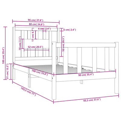 vidaXL Sengeramme hvit heltre 90x190 cm 3FT Single