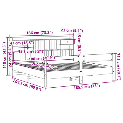 vidaXL Seng med bokhylle uten madrass hvit 180x200 cm heltre furu