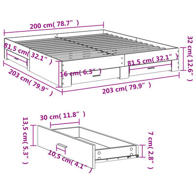 vidaXL Sengeramme med skuffer røkt eik 200x200 cm konstruert tre