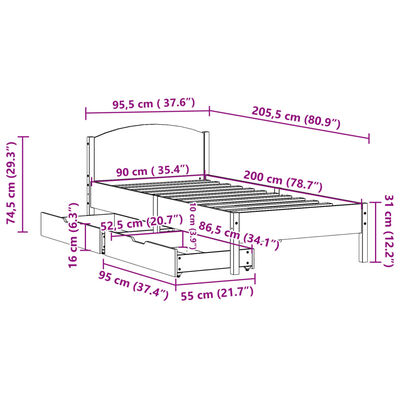 vidaXL Sengeramme uten madrass hvit 90x200 cm heltre furu