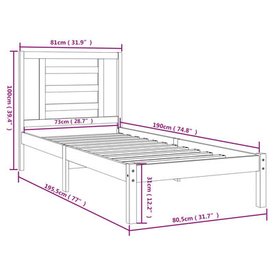 vidaXL Sengeramme hvit heltre 75x190 cm Small Single