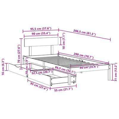 vidaXL Sengeramme uten madrass hvit 90x200 cm heltre furu