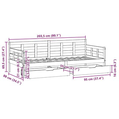 vidaXL Dagseng med skuffer hvit 80x200 cm heltre furu