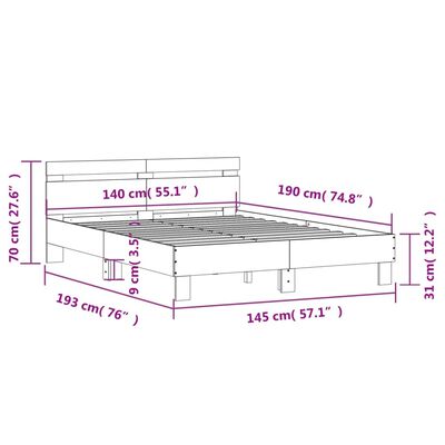 vidaXL Sengeramme med hodegavl røkt eik 140x190 cm konstruert tre