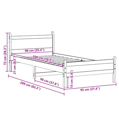 vidaXL Sengeramme uten madrass hvit 90x200 cm heltre furu