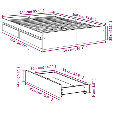 vidaXL Sengeramme med skuffer sonoma eik 140x190 cm konstruert tre