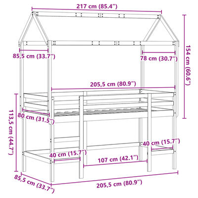 vidaXL Køyeseng med stige og tak 80x200 cm heltre furu