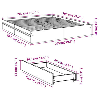 vidaXL Sengeramme med skuffer hvit 200x200 cm konstruert tre