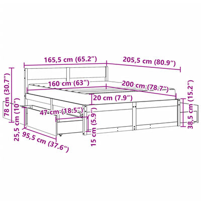 vidaXL Seng med skuffer og madrass hvit 160x200 cm heltre furu