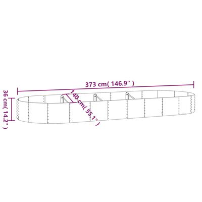 vidaXL Høybed pulverlakkert stål 373x140x36 cm grå