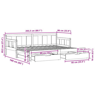 vidaXL Uttrekkbar dagseng med skuffer 80x200 cm heltre furu