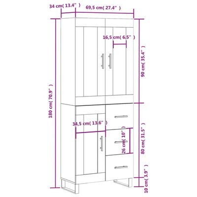 vidaXL Highboard brun eik 69,5x34x180 cm konstruert tre