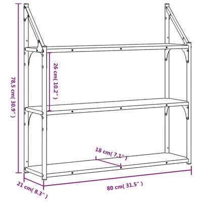 vidaXL Vegghylle 3 etasjer brun eik 80x21x78,5 cm konstruert tre