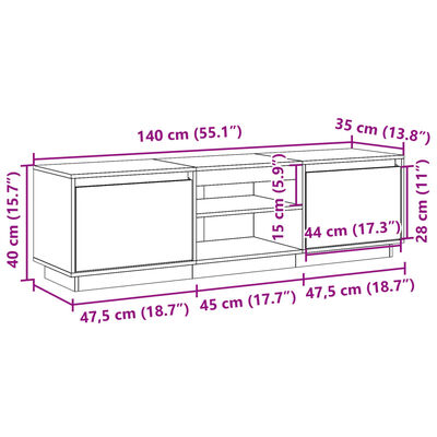 vidaXL TV-benk voksbrun 140x35x40 cm heltre furu