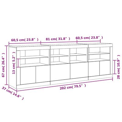 vidaXL Skjenk med LED-lys hvit 202x37x67 cm