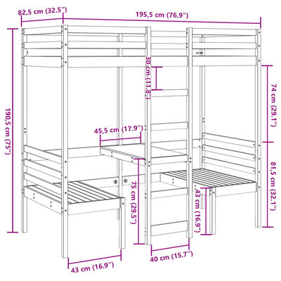 vidaXL Ramme for loftseng skrivebord stoler hvit 75x190 cm heltre furu