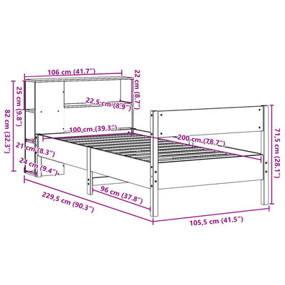 vidaXL Seng med bokhylle uten madrass hvit 100x200 cm heltre furu