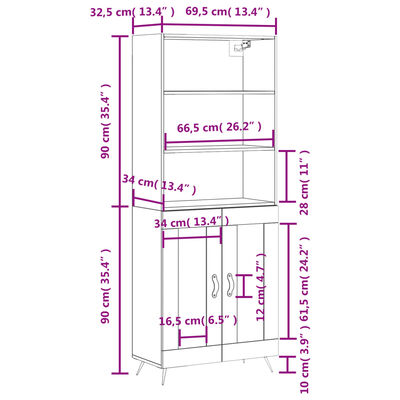 vidaXL Highboard sonoma eik 69,5x34x180 cm konstruert tre