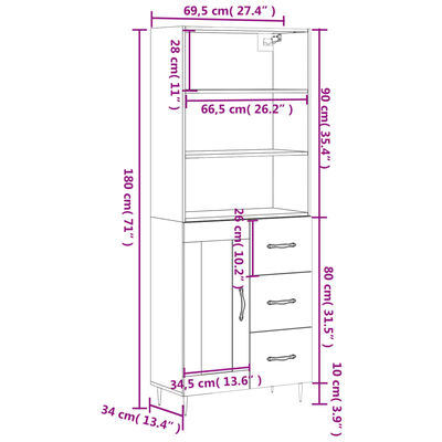 vidaXL Highboard brun eik 69,5x34x180 cm konstruert tre