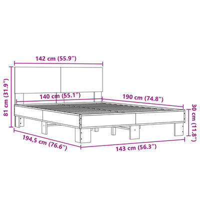 vidaXL Sengeramme grå sonoma 140x190 cm konstruert tre og metall