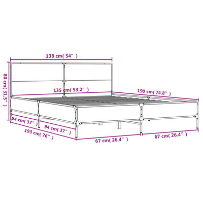 vidaXL Sengeramme røkt eik 135x190 cm konstruert tre og metall