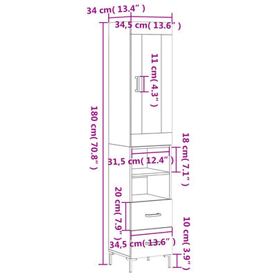 vidaXL Highboard høyglans hvit 34,5x34x180 cm konstruert tre