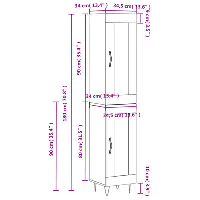 vidaXL Highboard hvit 34,5x34x180 cm konstruert tre