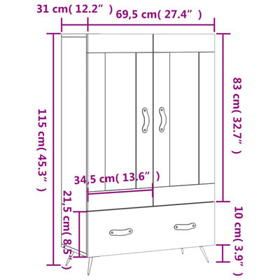 vidaXL Highboard svart 69,5x31x115 cm konstruert tre