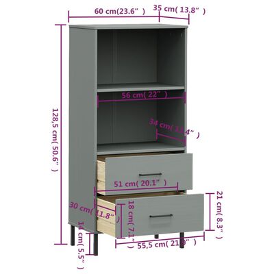 vidaXL Bokhylle med 2 skuffer grå 60x35x128,5 cm heltre OSLO