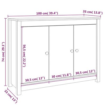 vidaXL Skjenk hvit 100x35x74 cm heltre furu