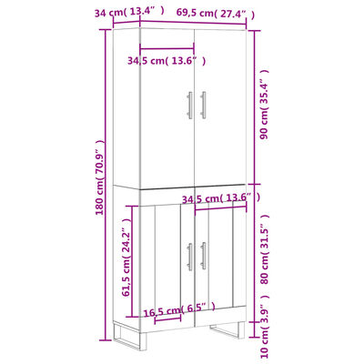 vidaXL Highboard hvit 69,5x34x180 cm konstruert tre