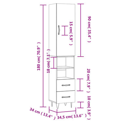 vidaXL Highboard grå sonoma 34,5x34x180 cm konstruert tre