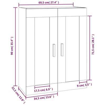 vidaXL Veggskap sonoma eik 69,5x32,5x90 cm konstruert tre