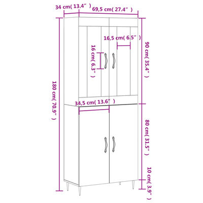 vidaXL Highboard grå sonoma 69,5x34x180 cm konstruert tre