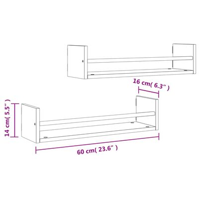 vidaXL Vegghyller med stenger 2 stk røkt eik 60x16x14 cm