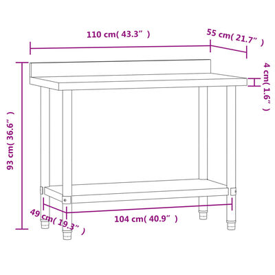 vidaXL Kjøkkenbenk med bakplate 110x55x93 rustfritt stål