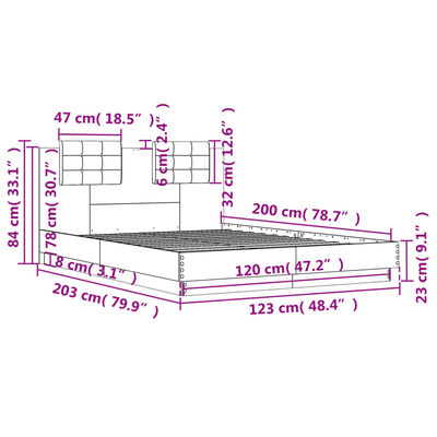 vidaXL Sengeramme med hodegavl og LED-lys sonoma eik 120x200 cm