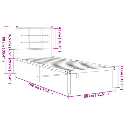 vidaXL Sengeramme i metall uten madrass med hodegavl hvit 75x190 cm