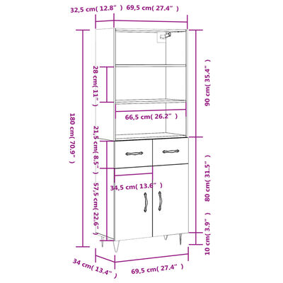 vidaXL Highboard røkt eik 69,5x34x180 cm konstruert tre