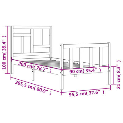 vidaXL Sengeramme med hodegavl 90x200 cm heltre