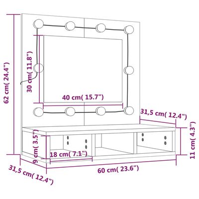 vidaXL Speilskap med LED røkt eik 60x31,5x62 cm