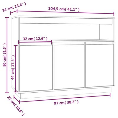 vidaXL Skjenk hvit 104,5x34x80 cm heltre furu