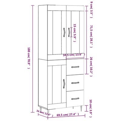 vidaXL Highboard betonggrå 69,5x34x180 cm konstruert tre