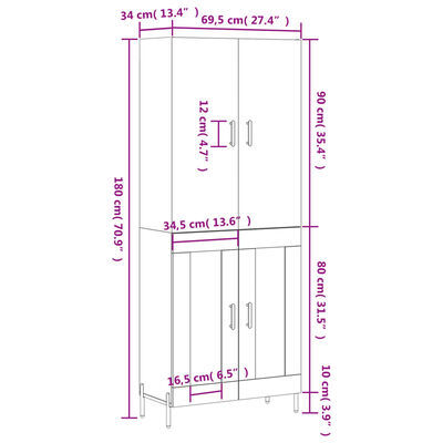 vidaXL Highboard hvit 69,5x34x180 cm konstruert tre