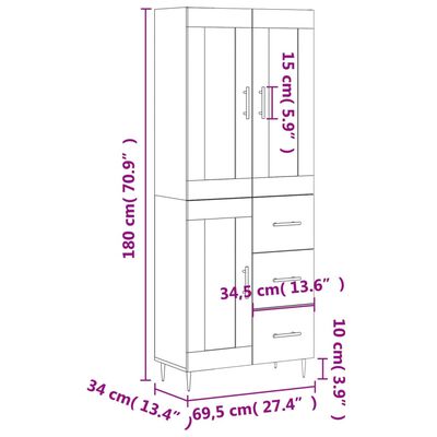 vidaXL Highboard røkt eik 69,5x34x180 cm konstruert tre